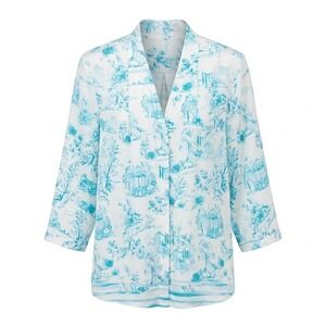 NEW Investments Woman Caroline 2X Blue White Painted Toile 3/4 Sleeve Blouse